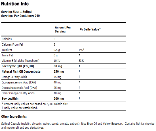 CoQ10 60 mg w/Omega 3 Fish Oils - 240 Gels, NOW Foods