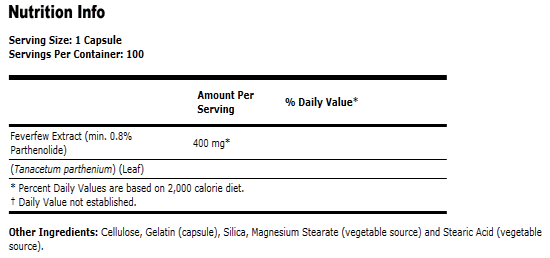Feverfew Extract 400 mg - 100 Capsules, NOW Foods