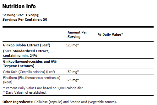 Ginkgo Biloba Extract 120 mg - 50 VCaps, NOW Foods