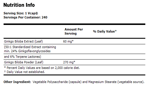 Ginkgo Biloba 60 mg - 240 VCaps, NOW Foods
