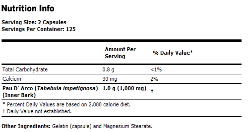 Pau D' Arco 500 mg of Inner Bark
