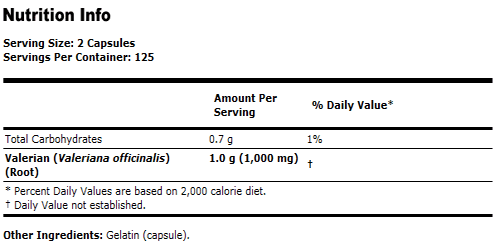 Valerian Root 500 mg - 250 Capsules