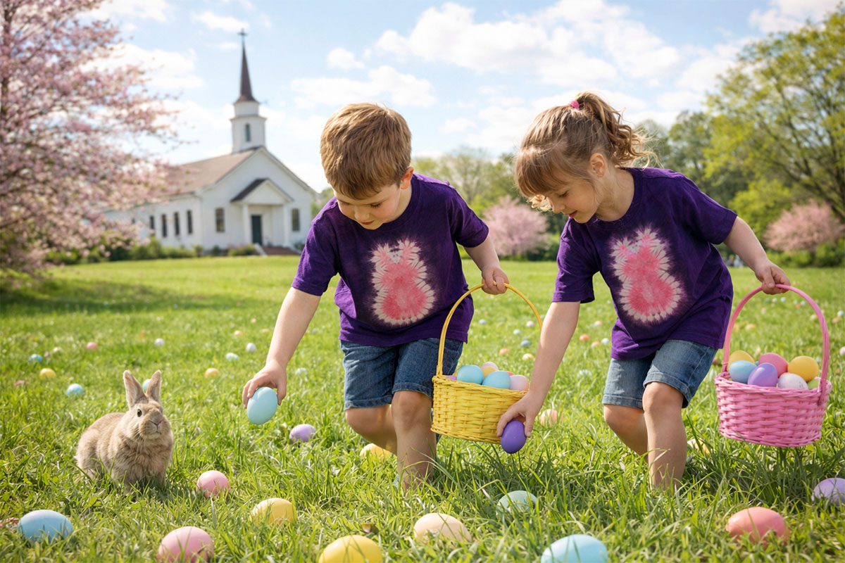 Kids gathering Easter eggs wearing tie dye shirts