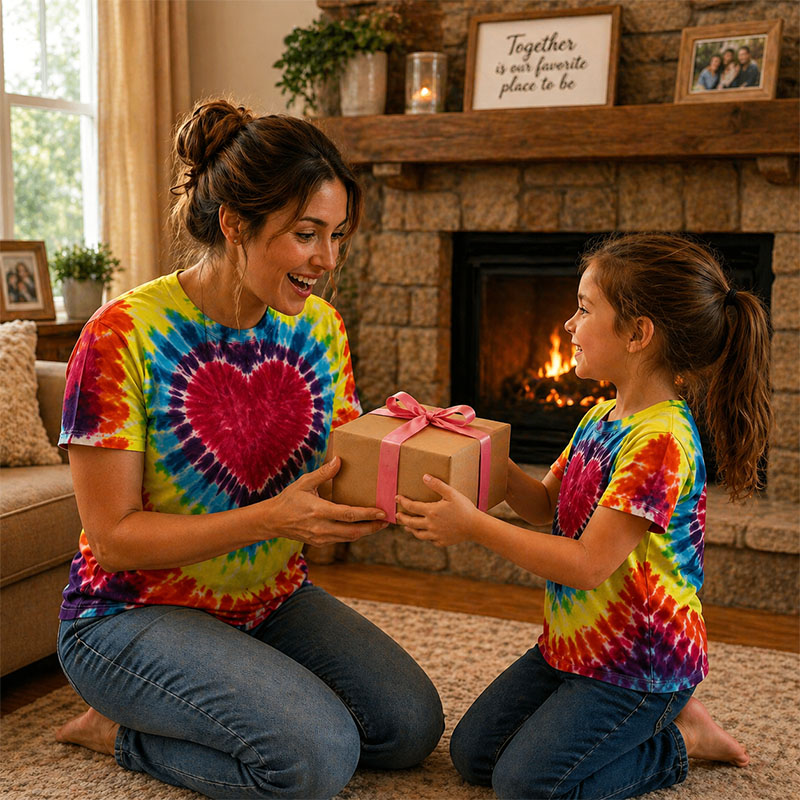 Mother and daughter wearing matching Mothers Day tie dye shirts