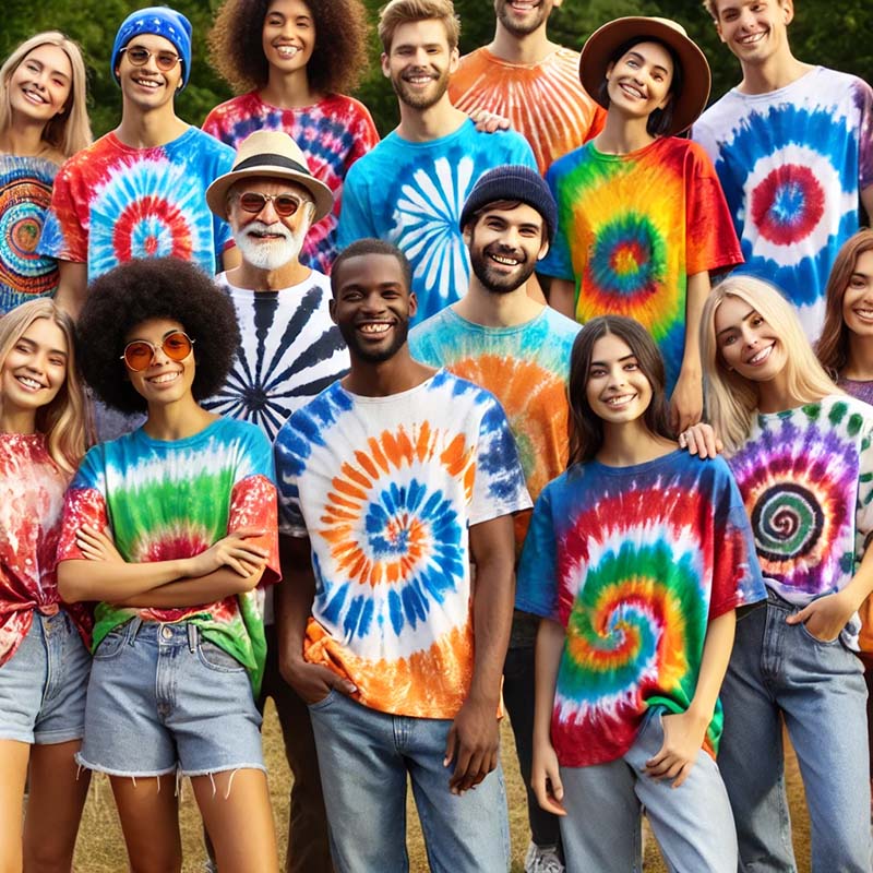 Tie dye shirts in bright rainbow and pastel hand-dyed designs.