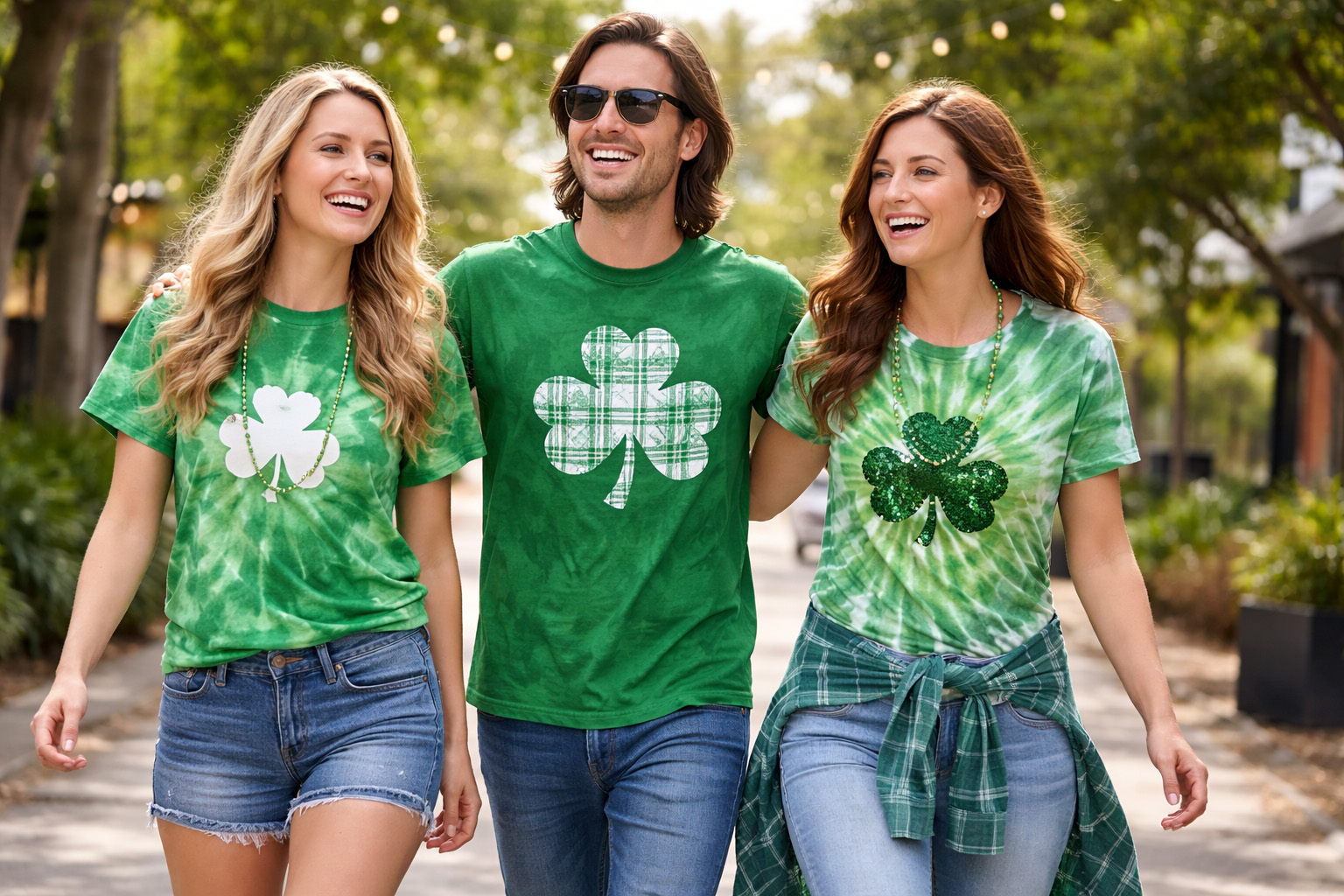 What to wear on St. Patrick�s Day with green tie dye shirts outdoors