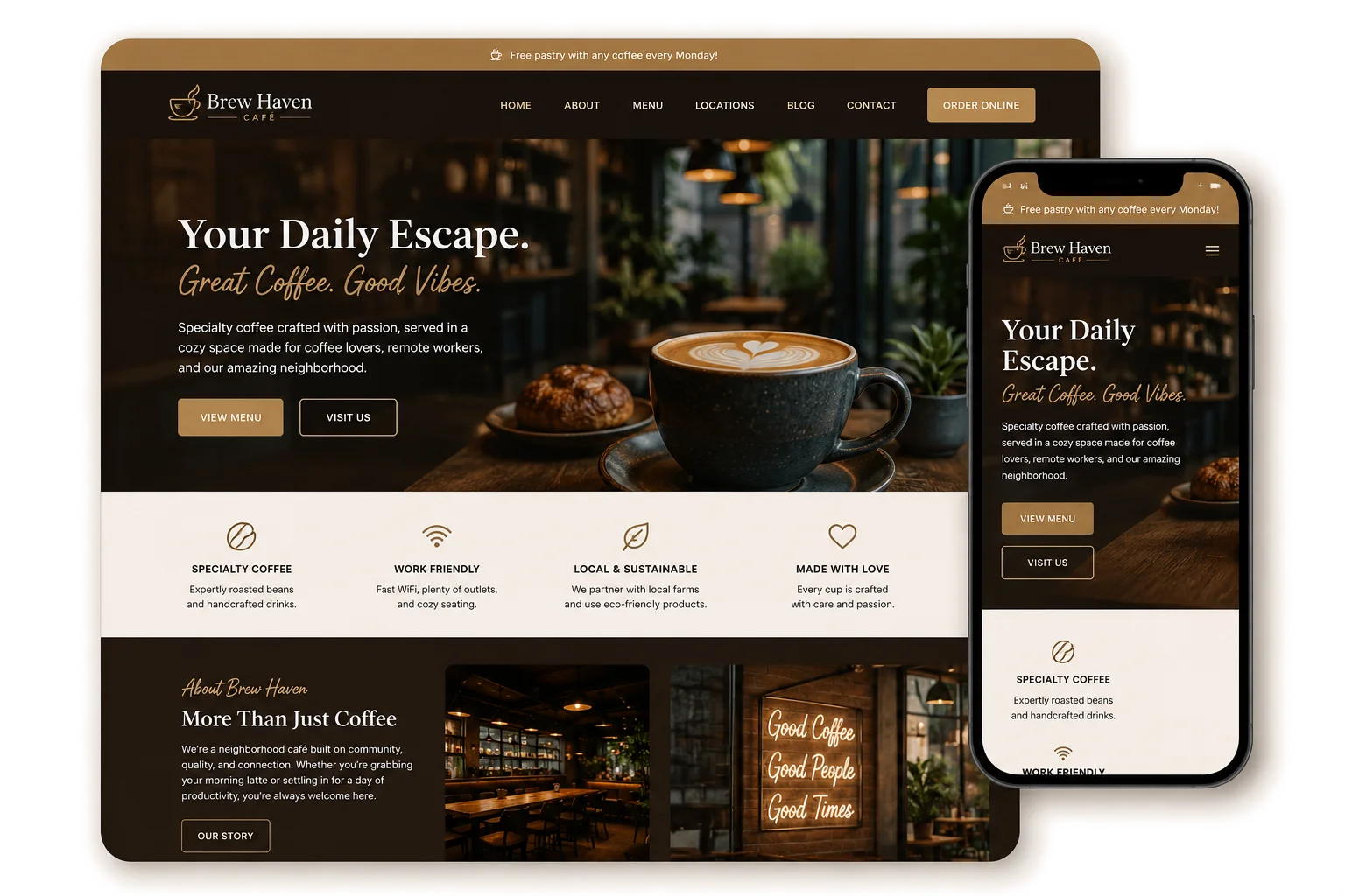 Preview of an AI-generated website builder interface showing a coffee shop websi