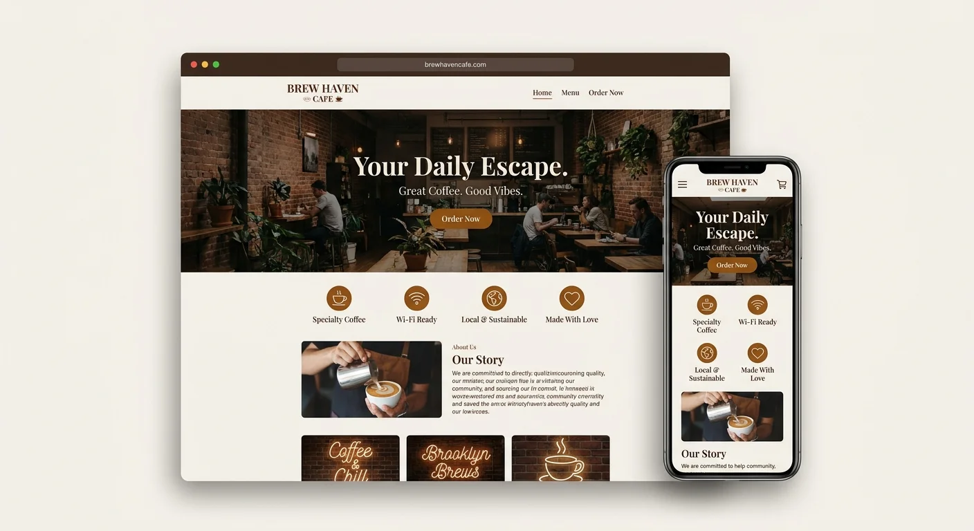 Brew Haven website template shown on desktop with mobile-responsive design.