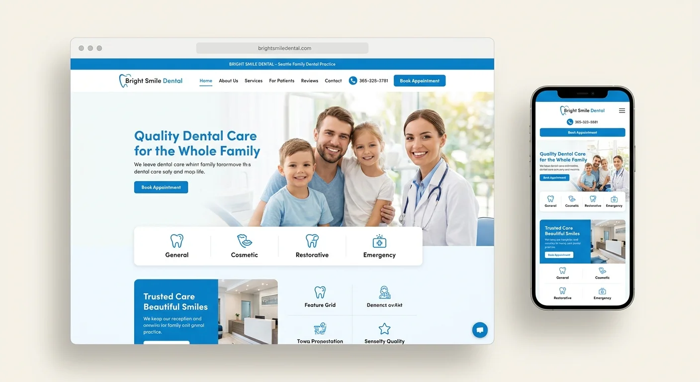 Bright Smile Dental website template for a family dental practice, shown on desk