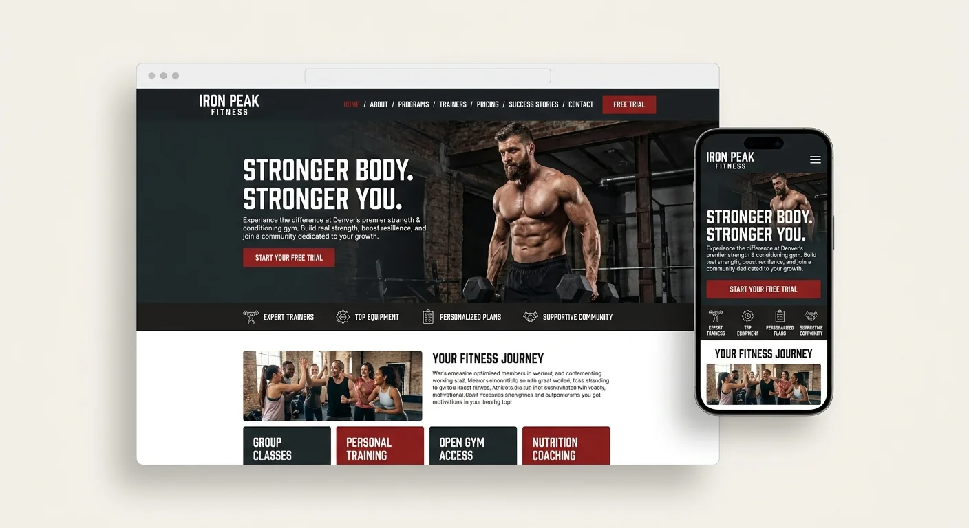 Iron Peak Fitness website template for a gym, shown on desktop and mobile, featu