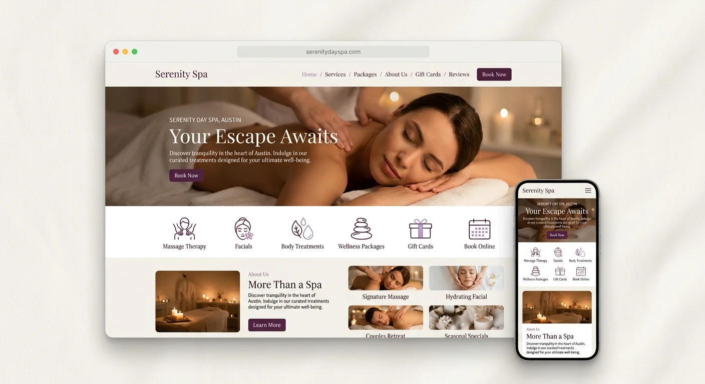 Serenity Spa website template for a spa and wellness business, shown on desktop 
